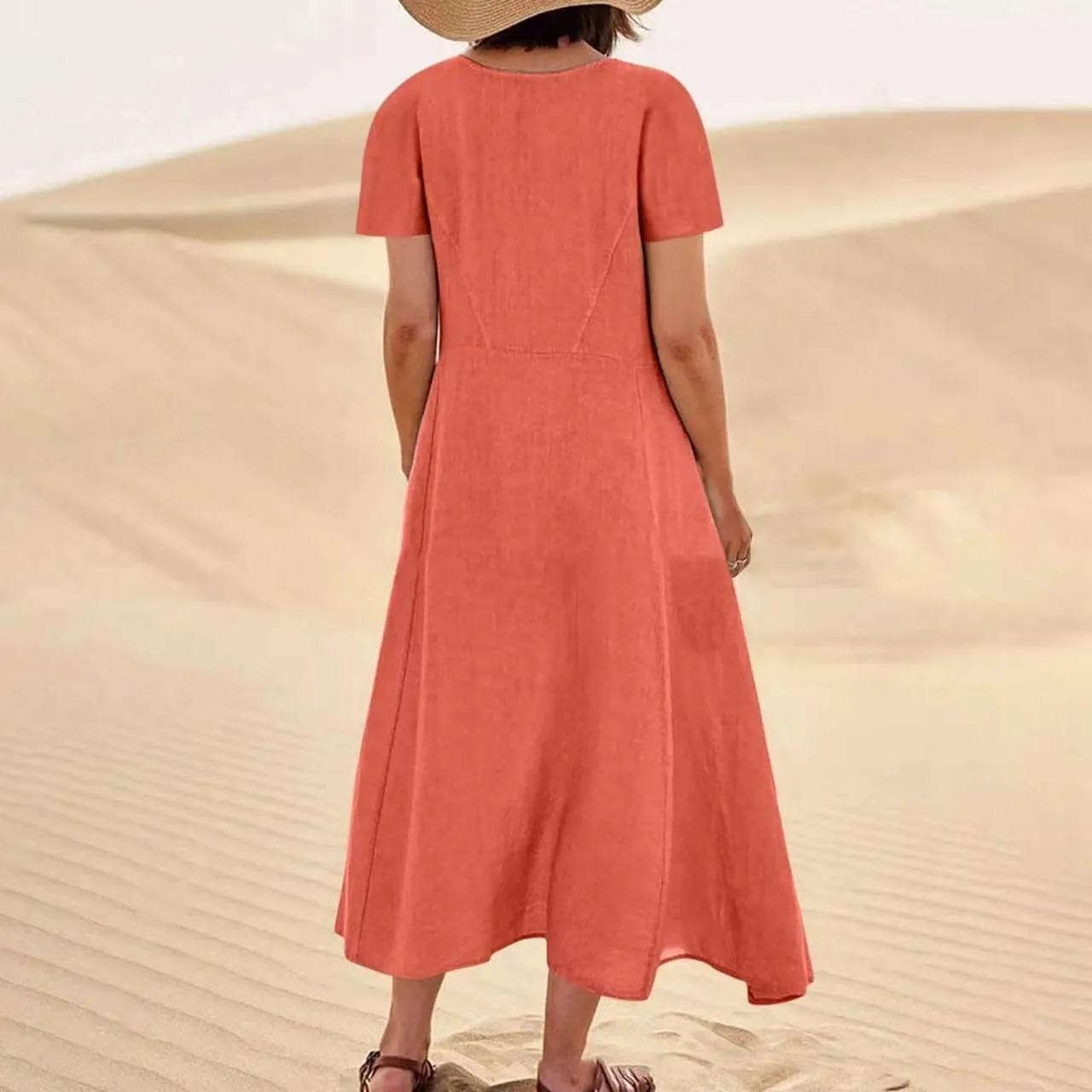 Sinzelimin Women Summer Dresses Boho Fashion Solid Color Cotton Linen Midi Dress Plus Size Loose Casual Pocket Beach Sundress