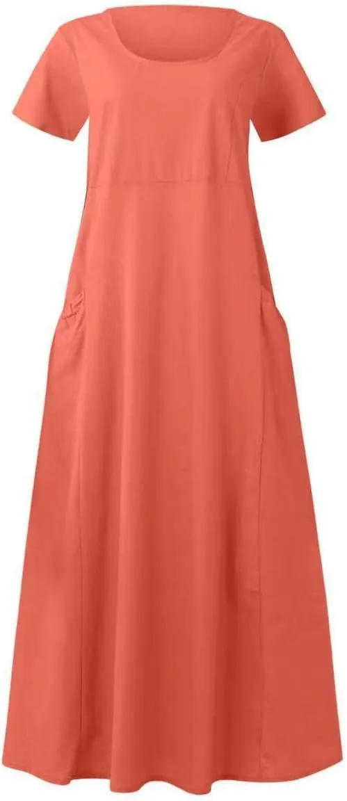 Sinzelimin Women Summer Dresses Boho Fashion Solid Color Cotton Linen Midi Dress Plus Size Loose Casual Pocket Beach Sundress