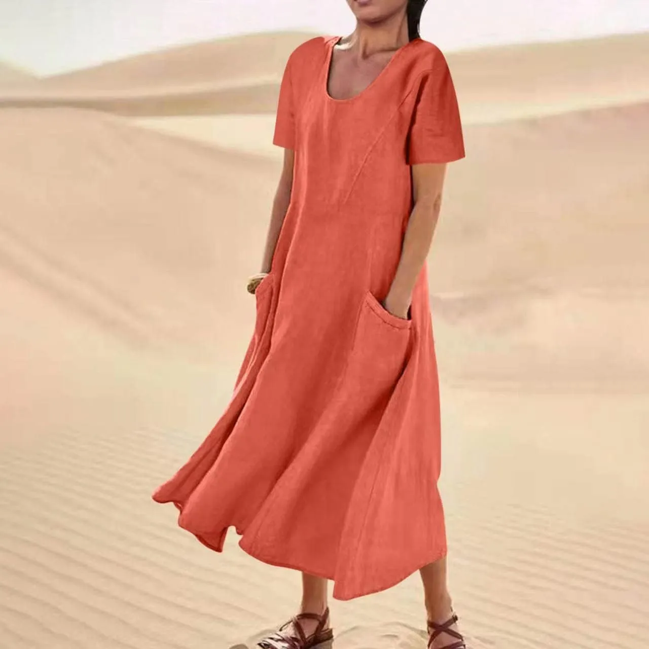 Sinzelimin Women Summer Dresses Boho Fashion Solid Color Cotton Linen Midi Dress Plus Size Loose Casual Pocket Beach Sundress
