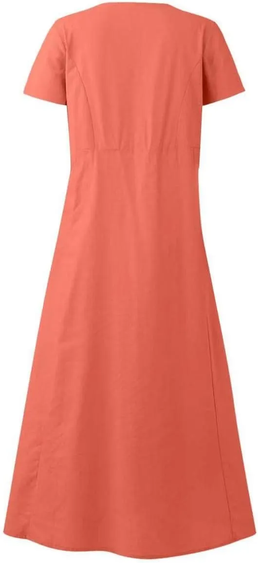 Sinzelimin Women Summer Dresses Boho Fashion Solid Color Cotton Linen Midi Dress Plus Size Loose Casual Pocket Beach Sundress
