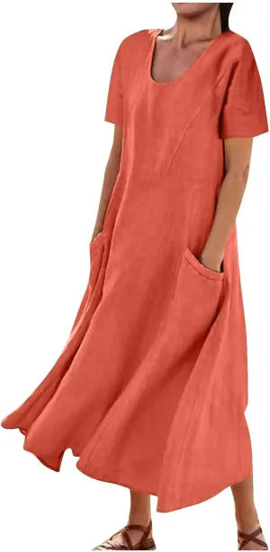 Sinzelimin Women Summer Dresses Boho Fashion Solid Color Cotton Linen Midi Dress Plus Size Loose Casual Pocket Beach Sundress