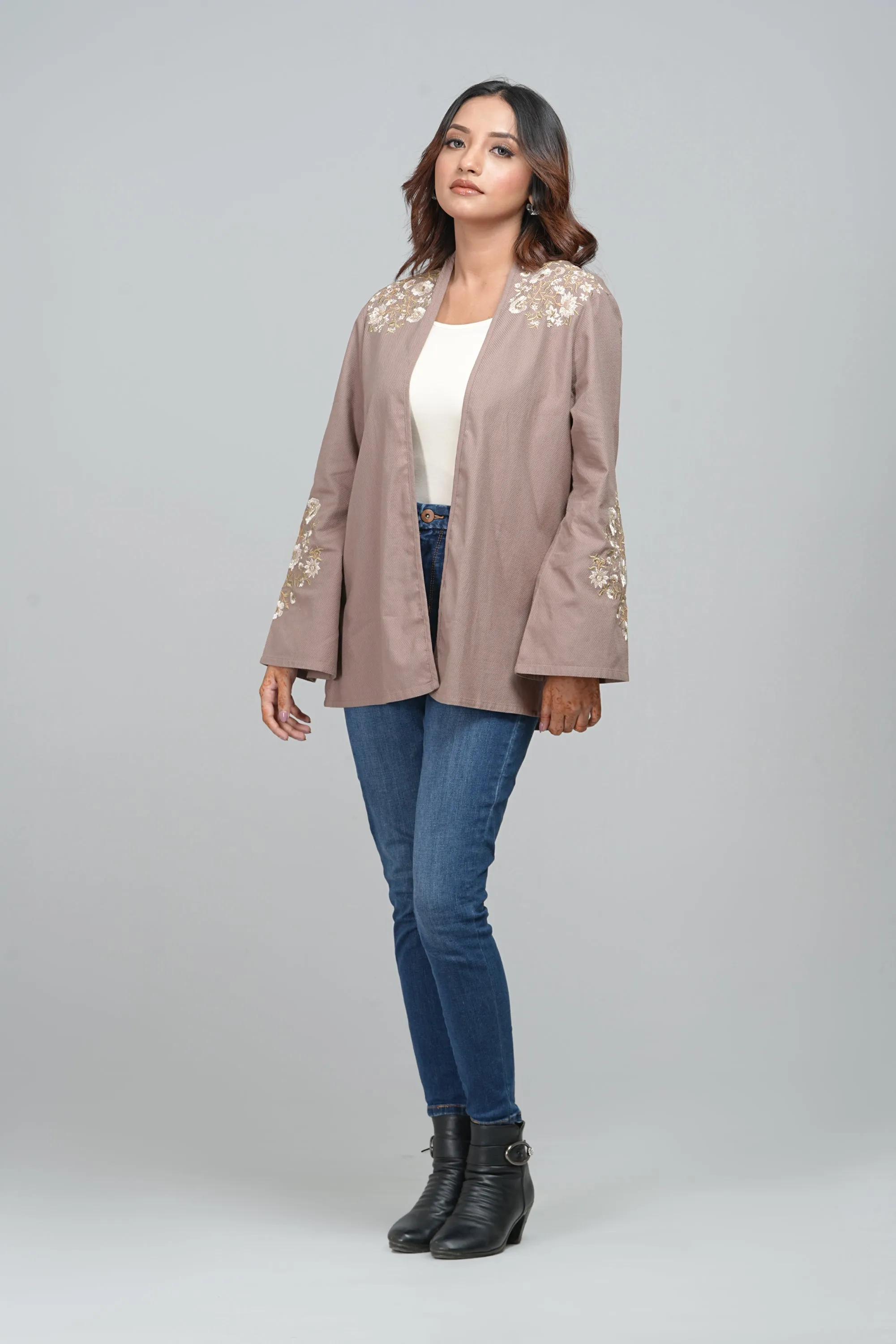 Slub Fabric Embroidered Bolero Top