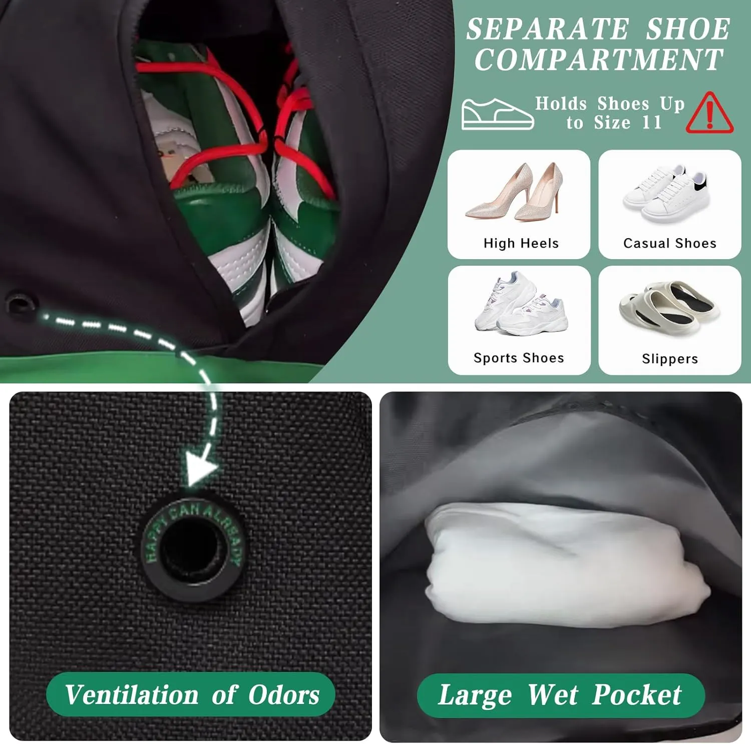 Small Gym Bag with Shoe Compartment for Men & Women, Weekend Travel Overnight Bags, Personal Item Duffle Carry On Bag with Wet Pocket(Black Green)