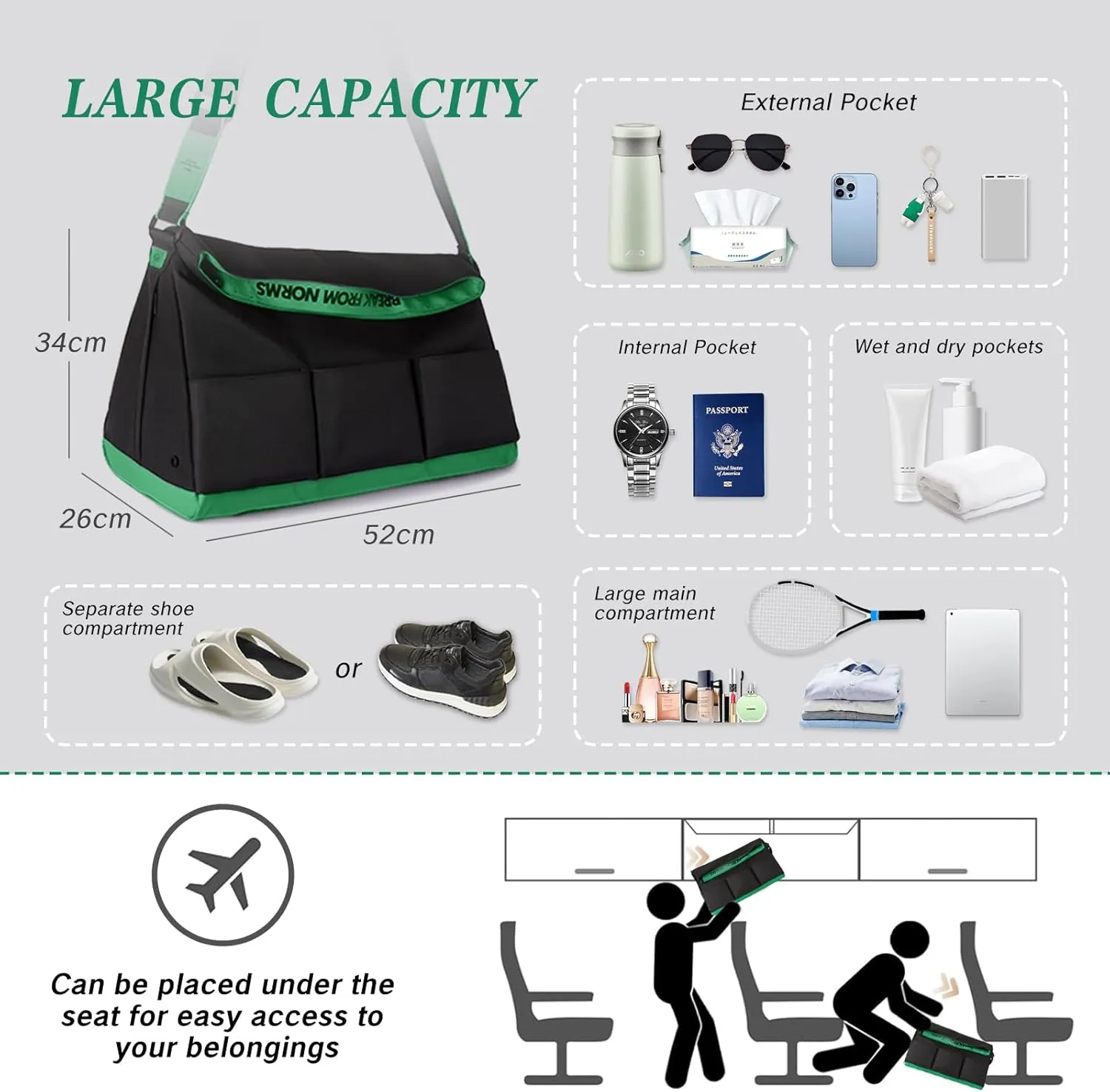 Small Gym Bag with Shoe Compartment for Men & Women, Weekend Travel Overnight Bags, Personal Item Duffle Carry On Bag with Wet Pocket(Black Green)