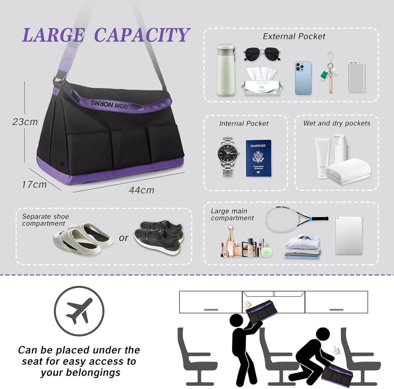 Small Gym Bag with Shoe Compartment for Men & Women, Weekend Travel Overnight Bags, Personal Item Duffle Carry On Bag with Wet Pocket(Black Violet)
