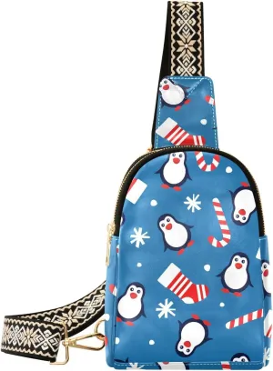 Small Sling Bag Fanny Packs Crossbody Bags for Women Penguins Christmas Socks Leather Fashion Chest Bag Belt Bag for Women for Travel Sports Running Hiking