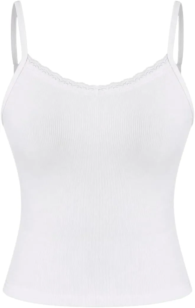 SOLY HUX Women's Lace Trim Camisole Tops Spaghetti Strap Slim Fit Dressy Casual Ribbed Knit Tops