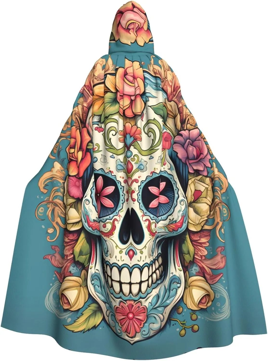 Sugar Skull Print Pattern Halloween Adult Hooded Cloak - Perfect for Halloween, Cosplay, and Theme Parties