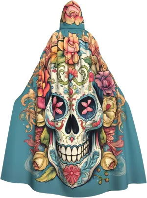 Sugar Skull Print Pattern Halloween Adult Hooded Cloak - Perfect for Halloween, Cosplay, and Theme Parties
