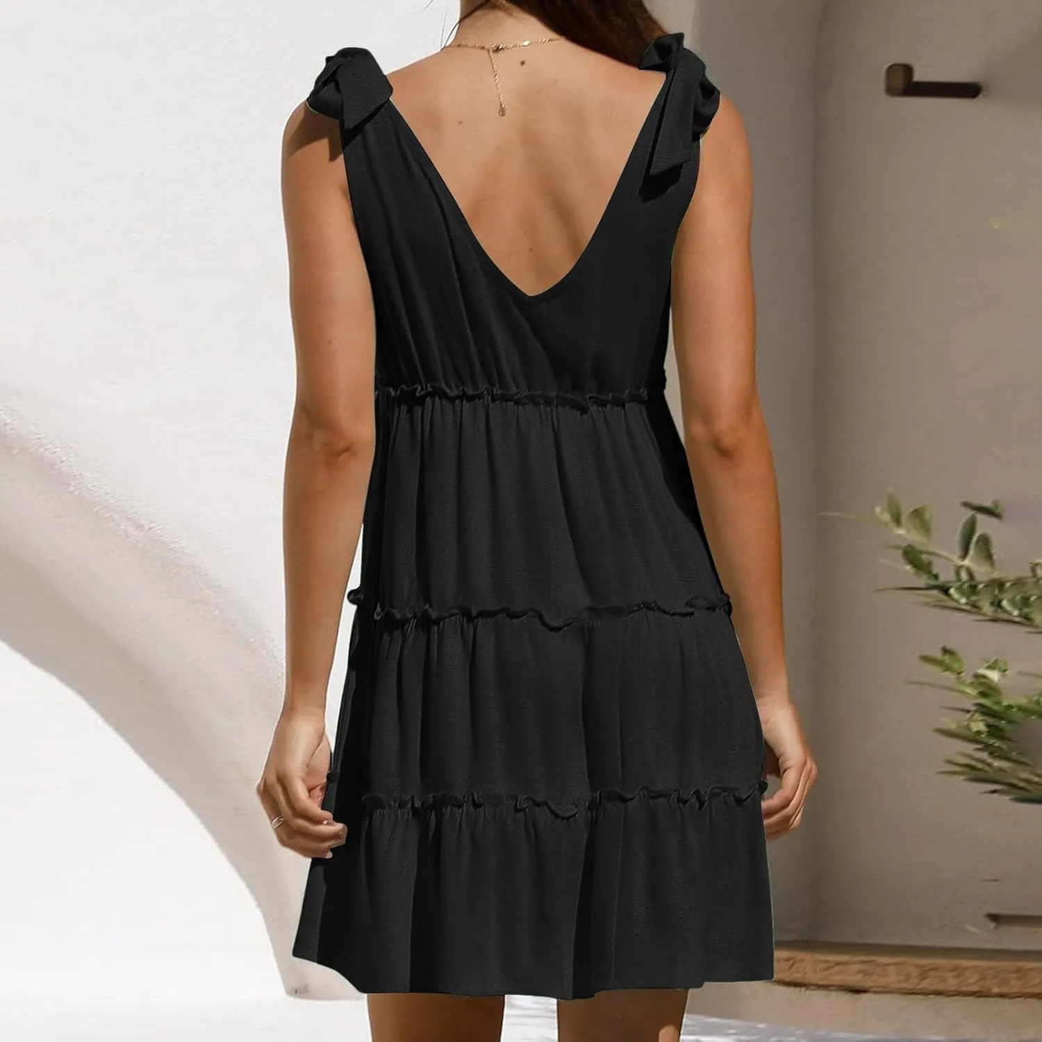 Summer Mini Dresses For Women 2025 Tie Shoulder Sleeveless Loose Fit Sundress Tiered Ruffle Flowy Knee Length Dress