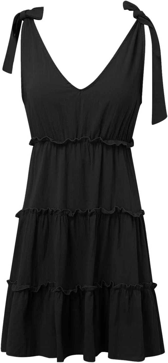 Summer Mini Dresses For Women 2025 Tie Shoulder Sleeveless Loose Fit Sundress Tiered Ruffle Flowy Knee Length Dress