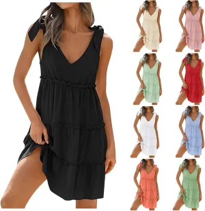 Summer Mini Dresses For Women 2025 Tie Shoulder Sleeveless Loose Fit Sundress Tiered Ruffle Flowy Knee Length Dress