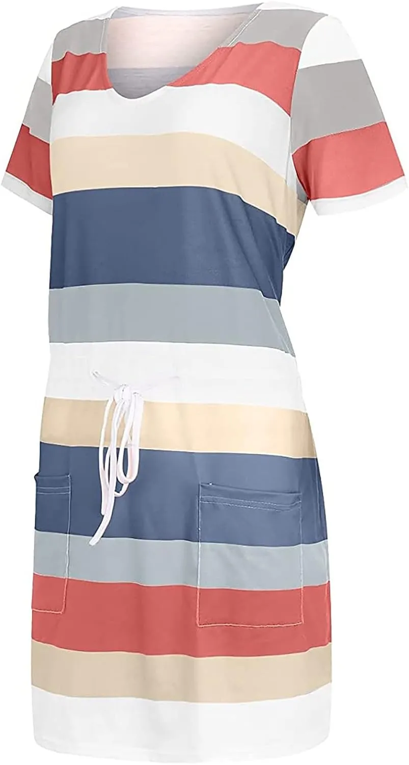 Sundresses for Women,2024 Summer Casual Sling V Neck Mini Dress,Trendy Striped Drawstring T Shirt Dress with Pockets