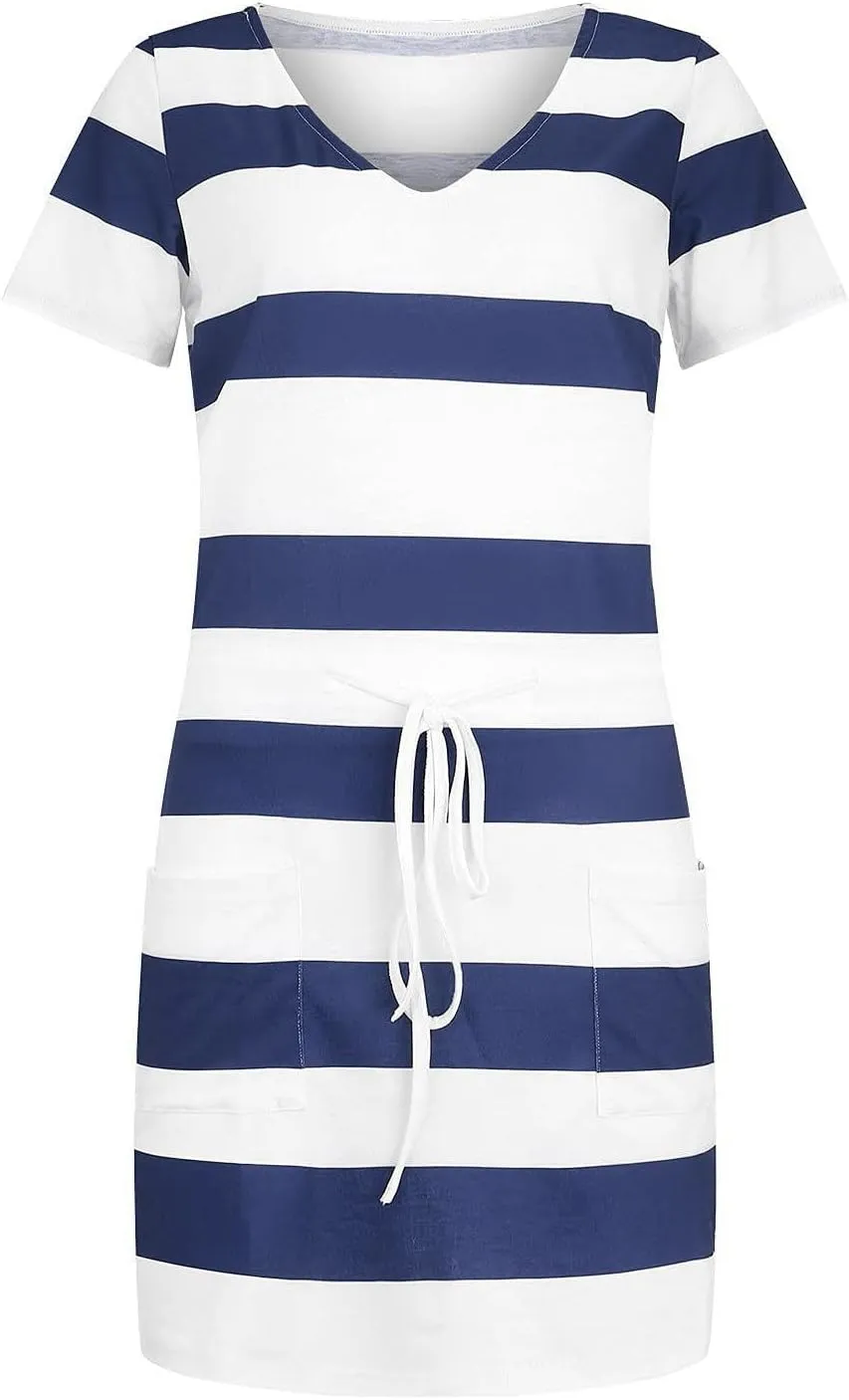 Sundresses for Women,2024 Summer Casual Sling V Neck Mini Dress,Trendy Striped Drawstring T Shirt Dress with Pockets