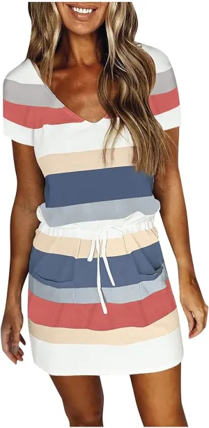Sundresses for Women,2024 Summer Casual Sling V Neck Mini Dress,Trendy Striped Drawstring T Shirt Dress with Pockets