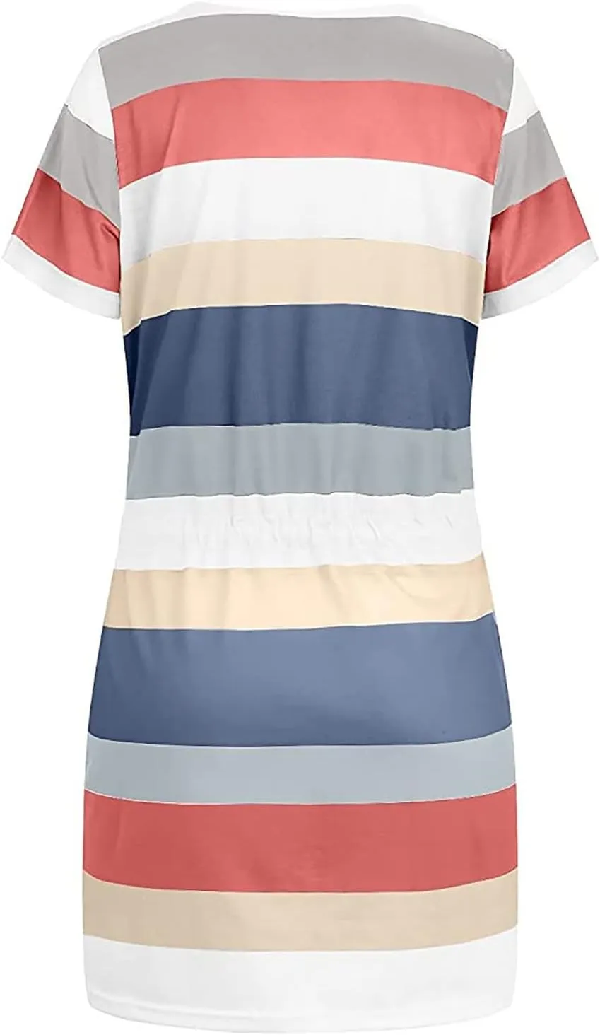 Sundresses for Women,2024 Summer Casual Sling V Neck Mini Dress,Trendy Striped Drawstring T Shirt Dress with Pockets