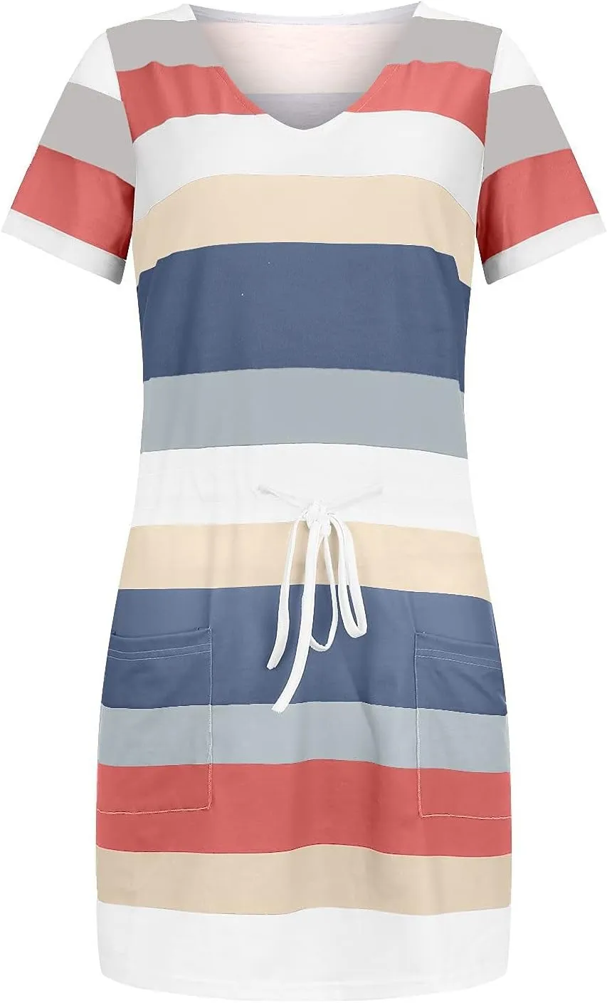 Sundresses for Women,2024 Summer Casual Sling V Neck Mini Dress,Trendy Striped Drawstring T Shirt Dress with Pockets