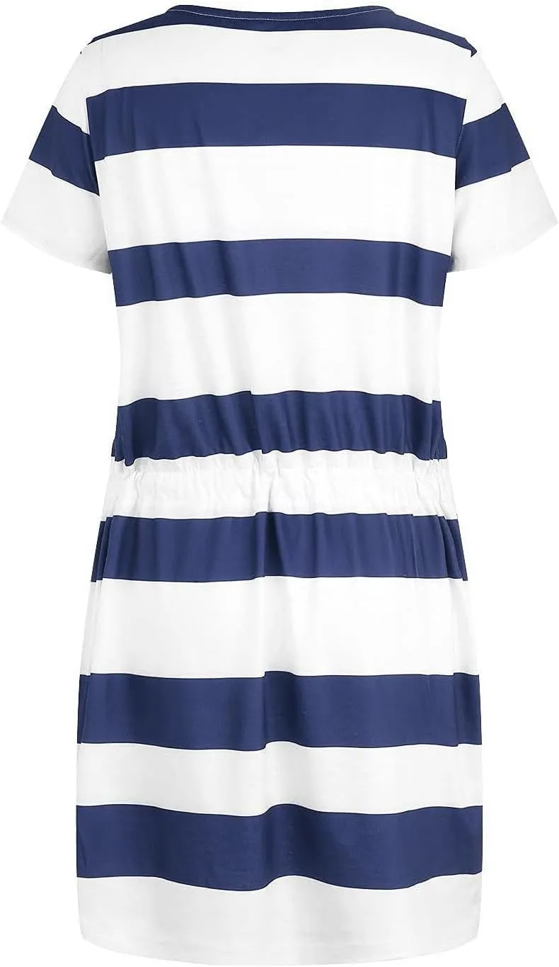 Sundresses for Women,2024 Summer Casual Sling V Neck Mini Dress,Trendy Striped Drawstring T Shirt Dress with Pockets