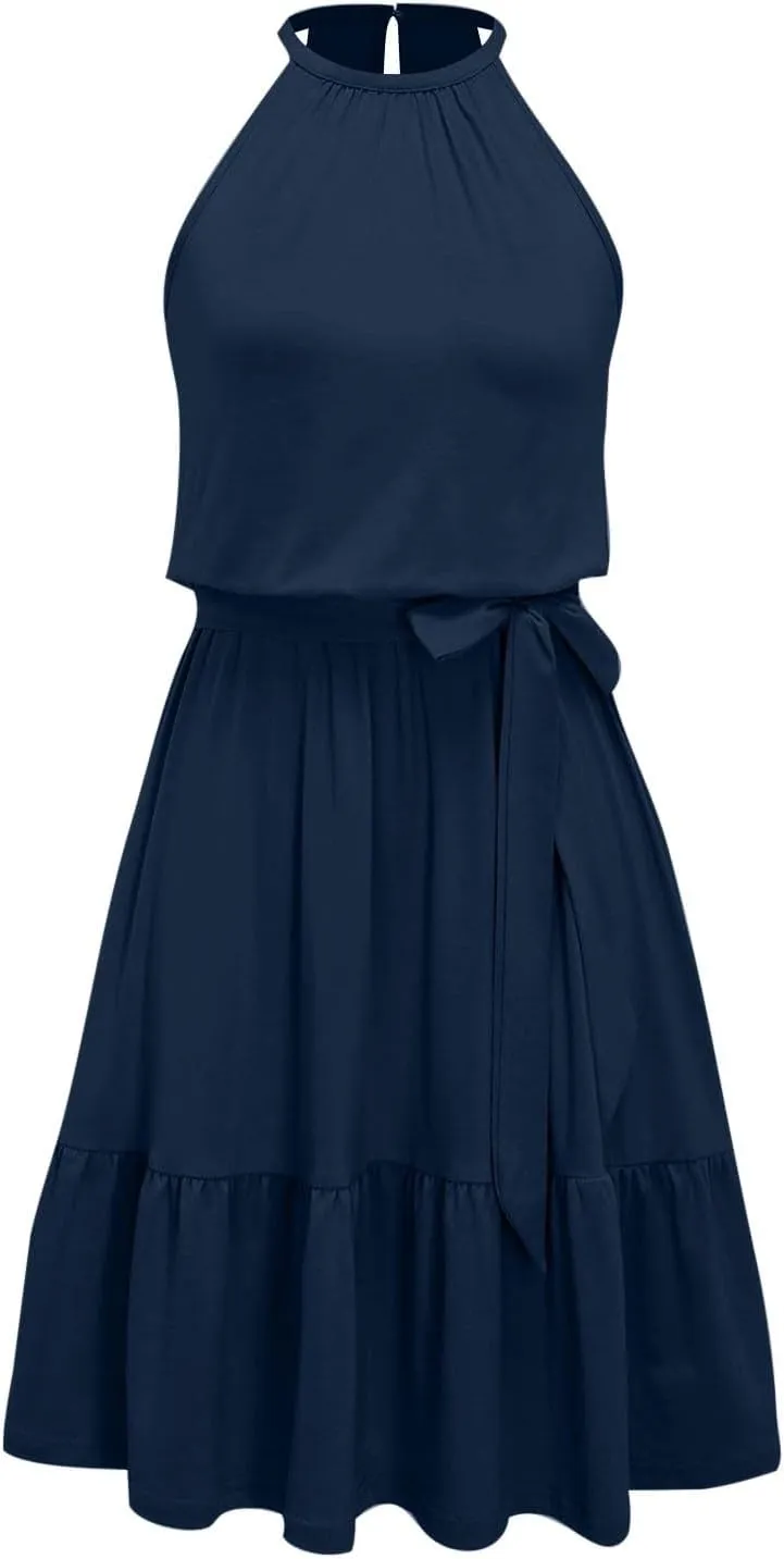 Sundresses for Women,2025 Spring Summer Elegant Sleeveless Halter Mini Beach Dress,Flowy Ruched Swing Vacation Dress