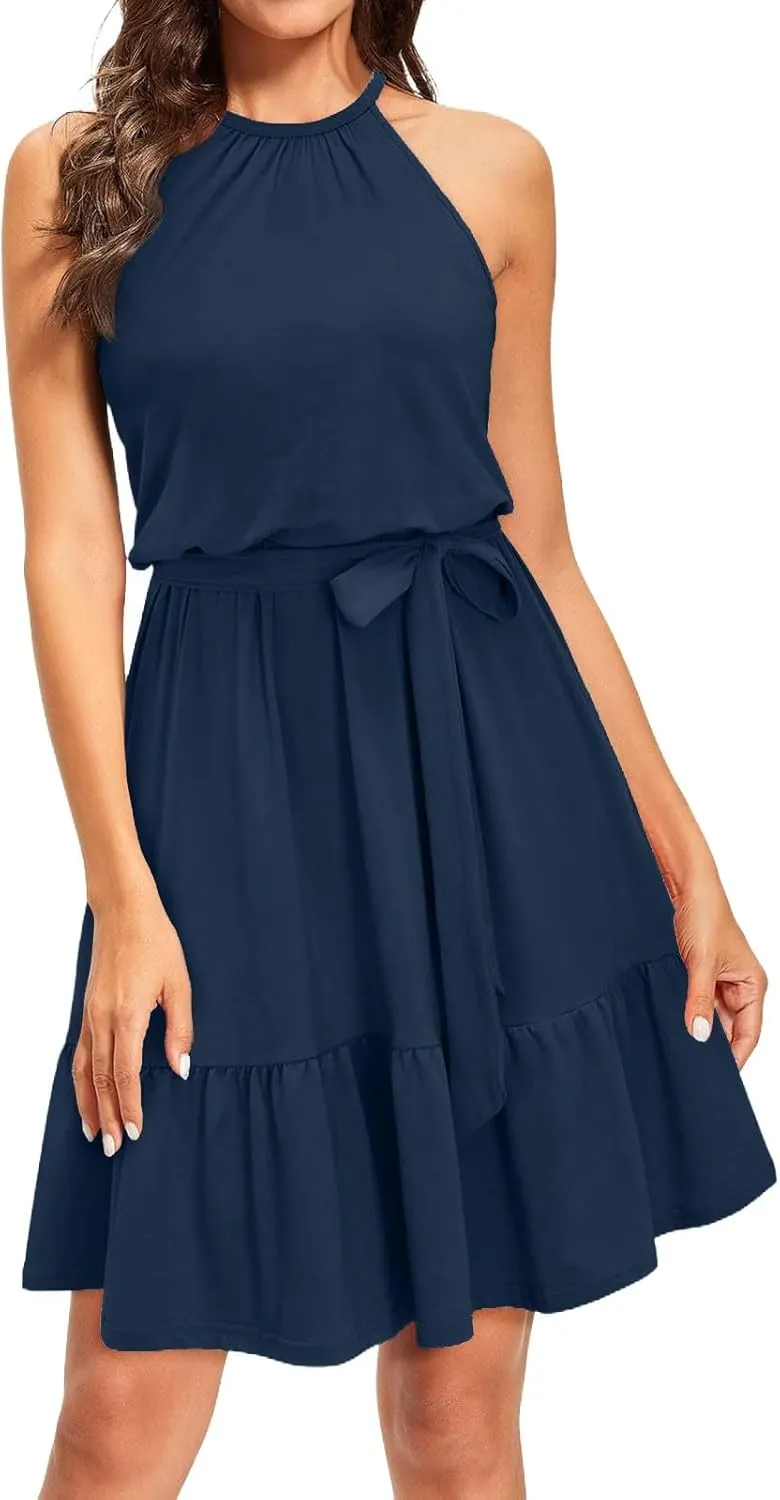 Sundresses for Women,2025 Spring Summer Elegant Sleeveless Halter Mini Beach Dress,Flowy Ruched Swing Vacation Dress