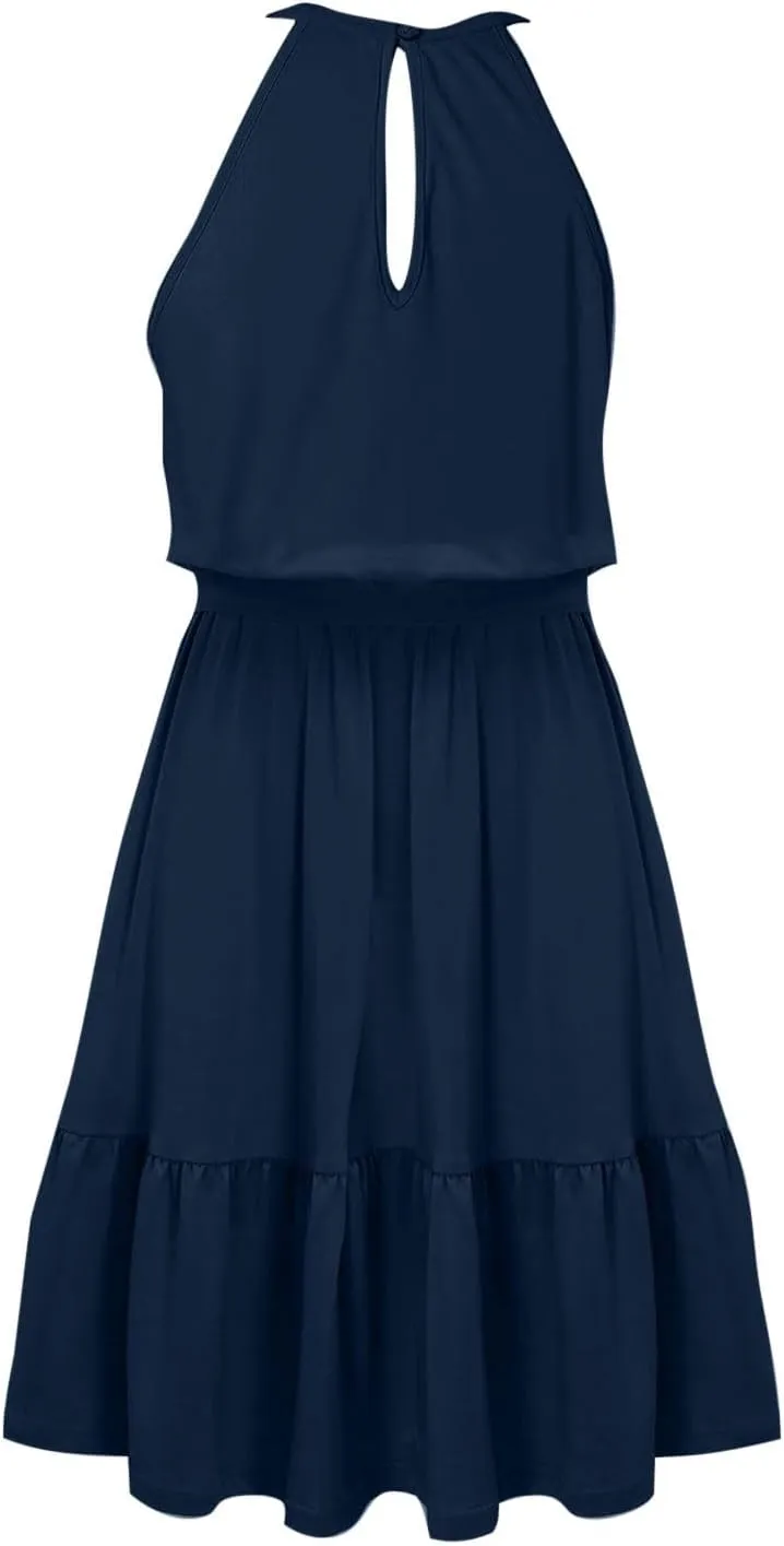 Sundresses for Women,2025 Spring Summer Elegant Sleeveless Halter Mini Beach Dress,Flowy Ruched Swing Vacation Dress