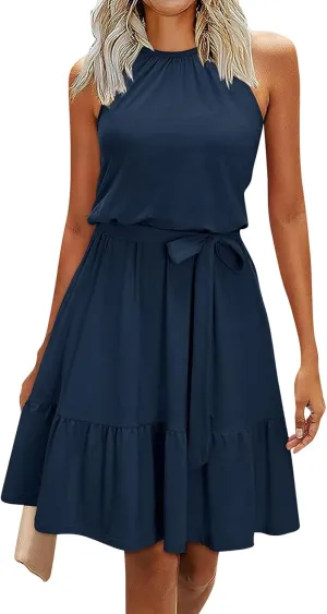 Sundresses for Women,2025 Spring Summer Elegant Sleeveless Halter Mini Beach Dress,Flowy Ruched Swing Vacation Dress
