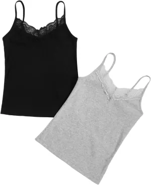 SweatyRocks Women's 2 Pack Lace Trim Tank Tops Y2K Camisole Top V Neck Cami Undershirts