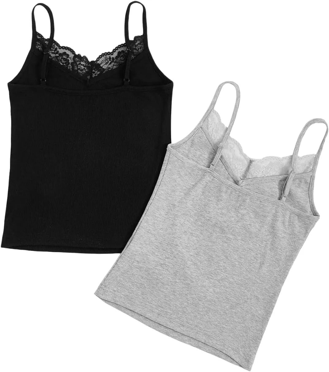 SweatyRocks Women's 2 Pack Lace Trim Tank Tops Y2K Camisole Top V Neck Cami Undershirts