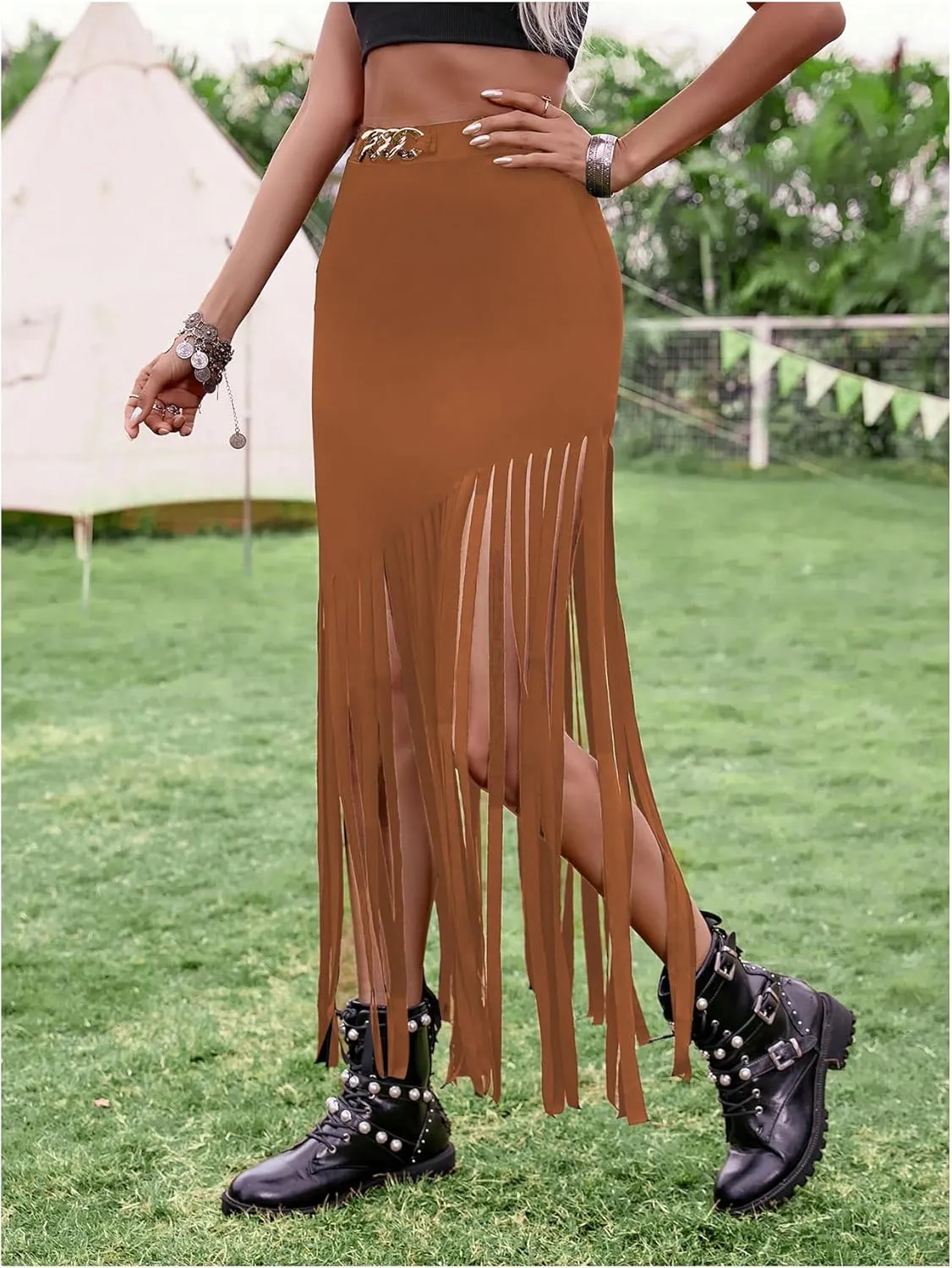 SweatyRocks Women's Asymmetrical Fringe Hem Maxi Skirt High Waist Summer Skirts