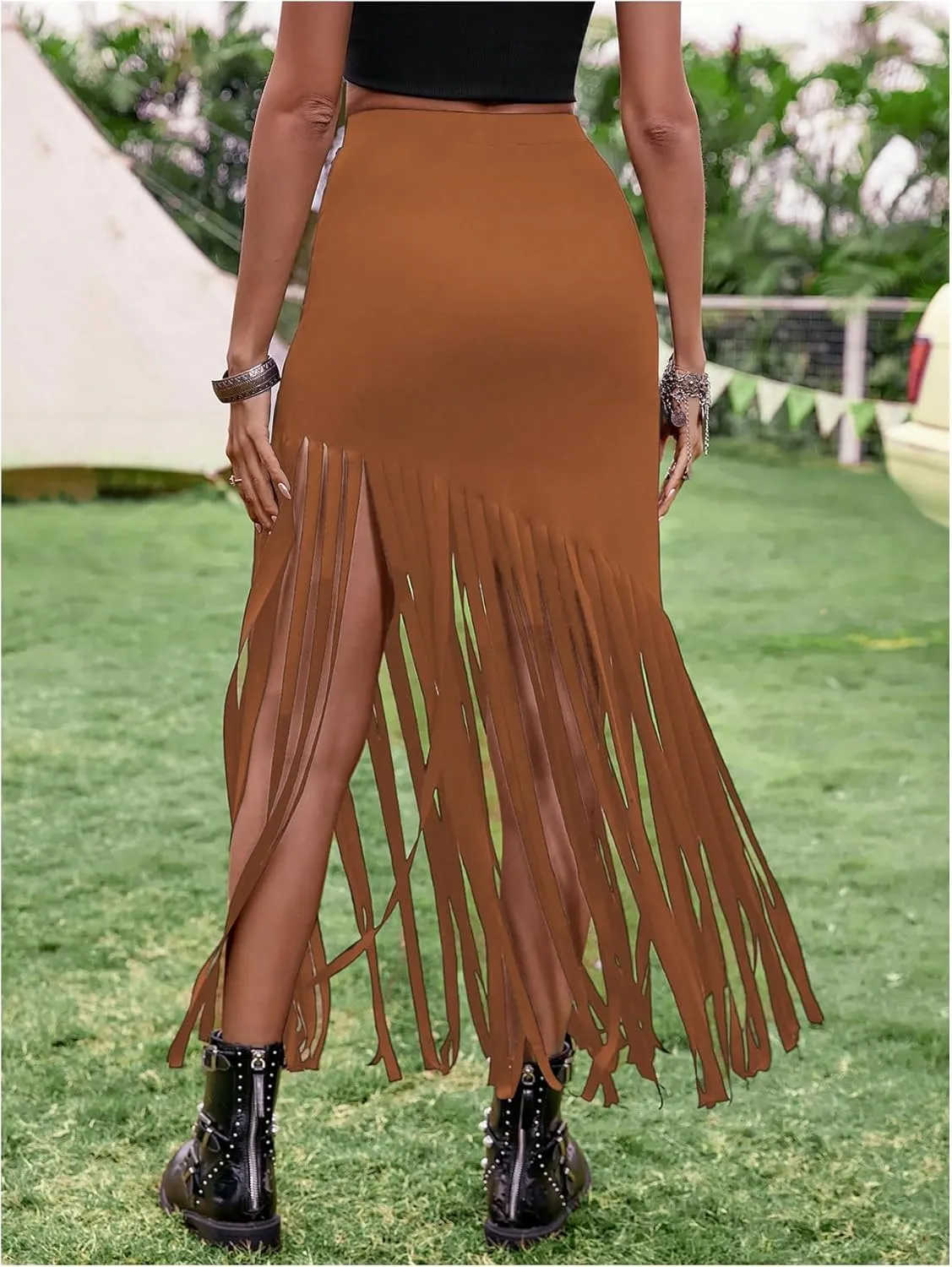 SweatyRocks Women's Asymmetrical Fringe Hem Maxi Skirt High Waist Summer Skirts