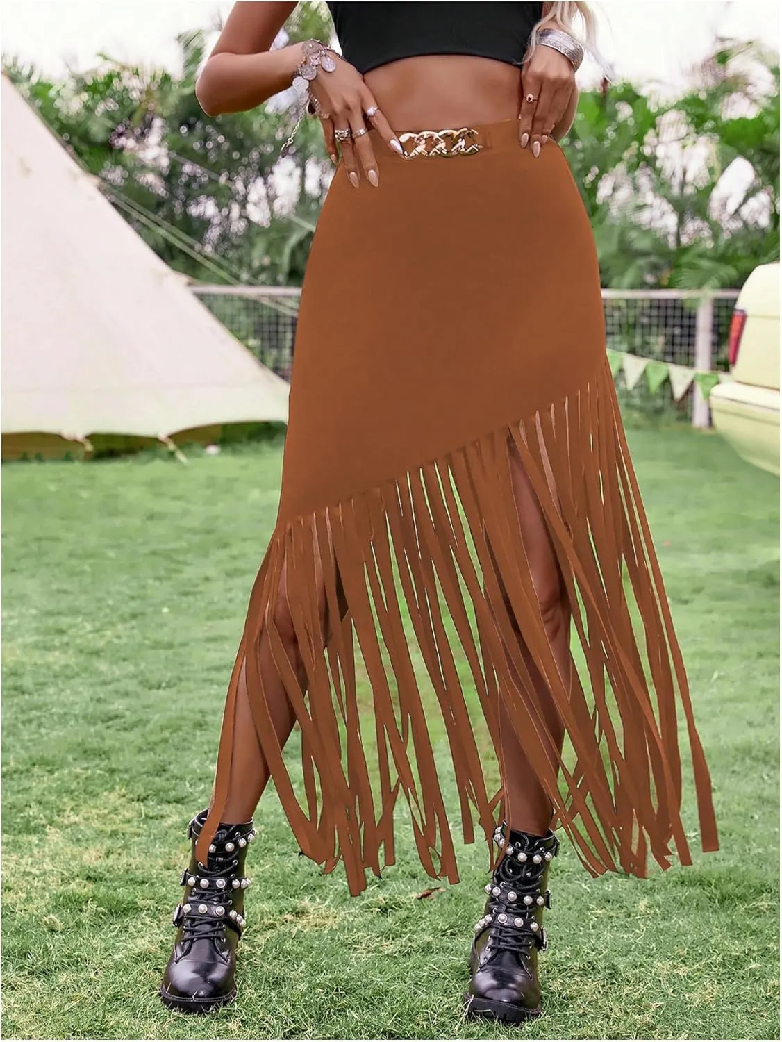 SweatyRocks Women's Asymmetrical Fringe Hem Maxi Skirt High Waist Summer Skirts