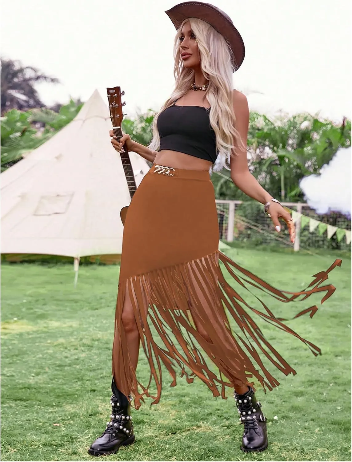 SweatyRocks Women's Asymmetrical Fringe Hem Maxi Skirt High Waist Summer Skirts