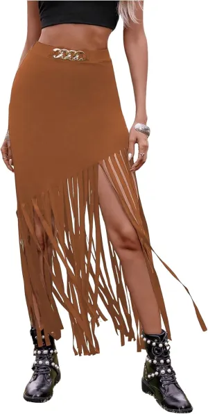 SweatyRocks Women's Asymmetrical Fringe Hem Maxi Skirt High Waist Summer Skirts