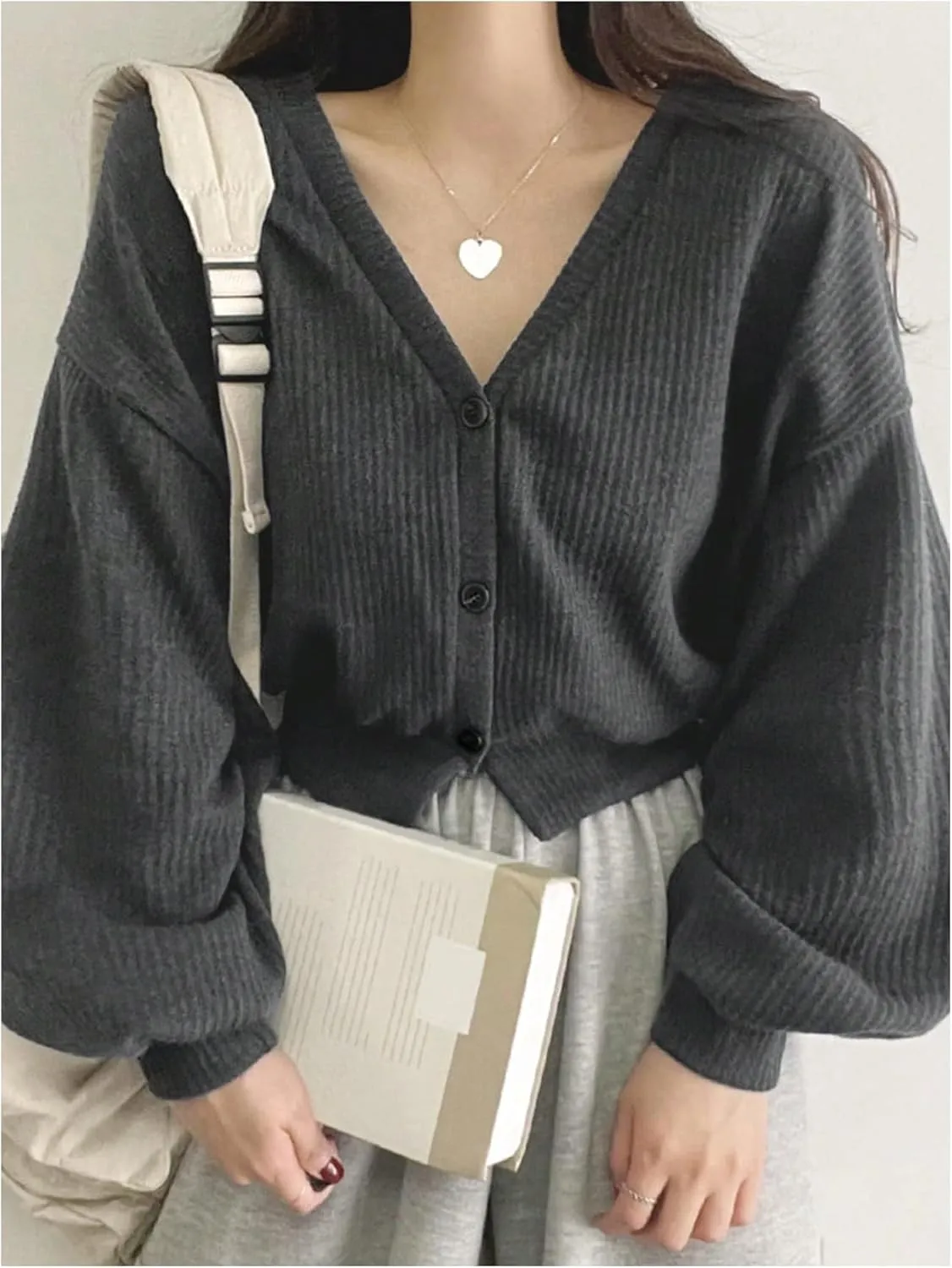 SweatyRocks Women's Button Down Crop Cardigan V Neck Long Sleeve Ribbed Knit Cardigan Sweater