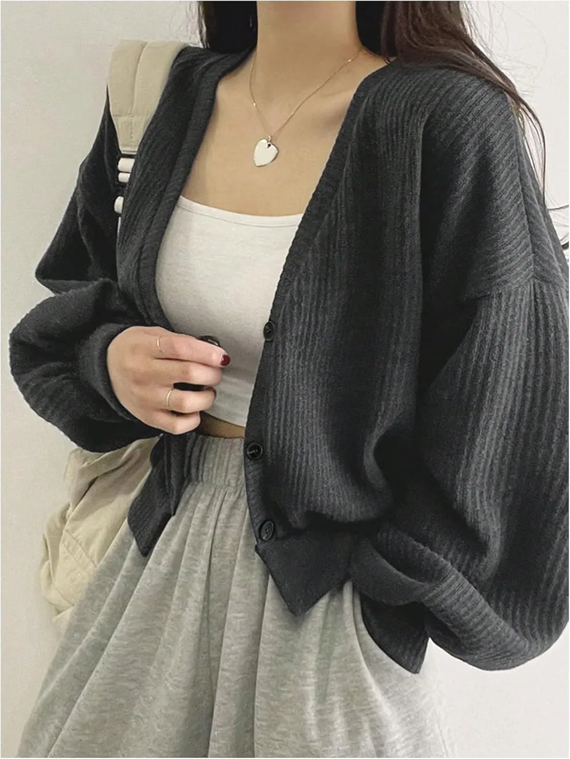 SweatyRocks Women's Button Down Crop Cardigan V Neck Long Sleeve Ribbed Knit Cardigan Sweater