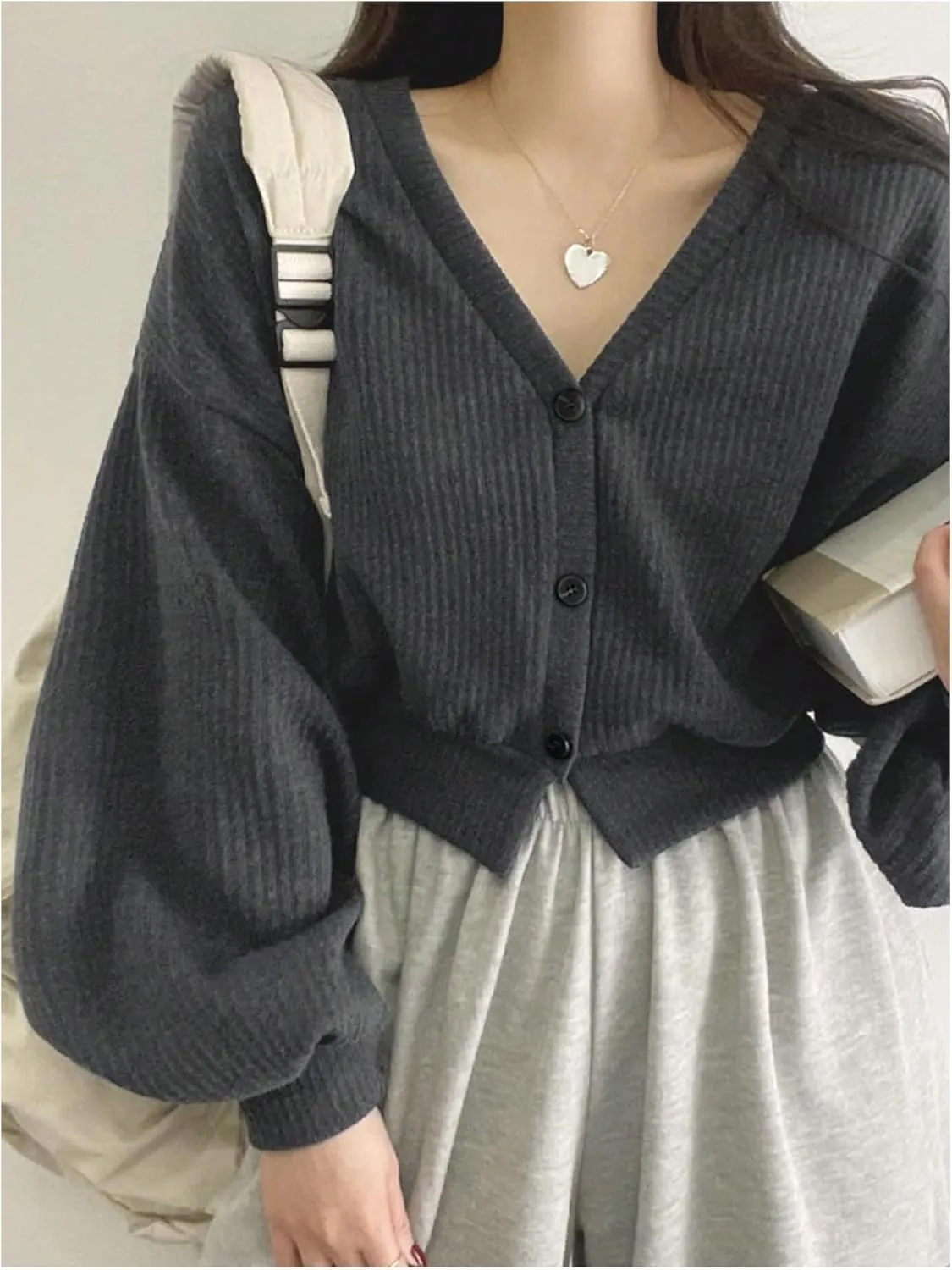 SweatyRocks Women's Button Down Crop Cardigan V Neck Long Sleeve Ribbed Knit Cardigan Sweater