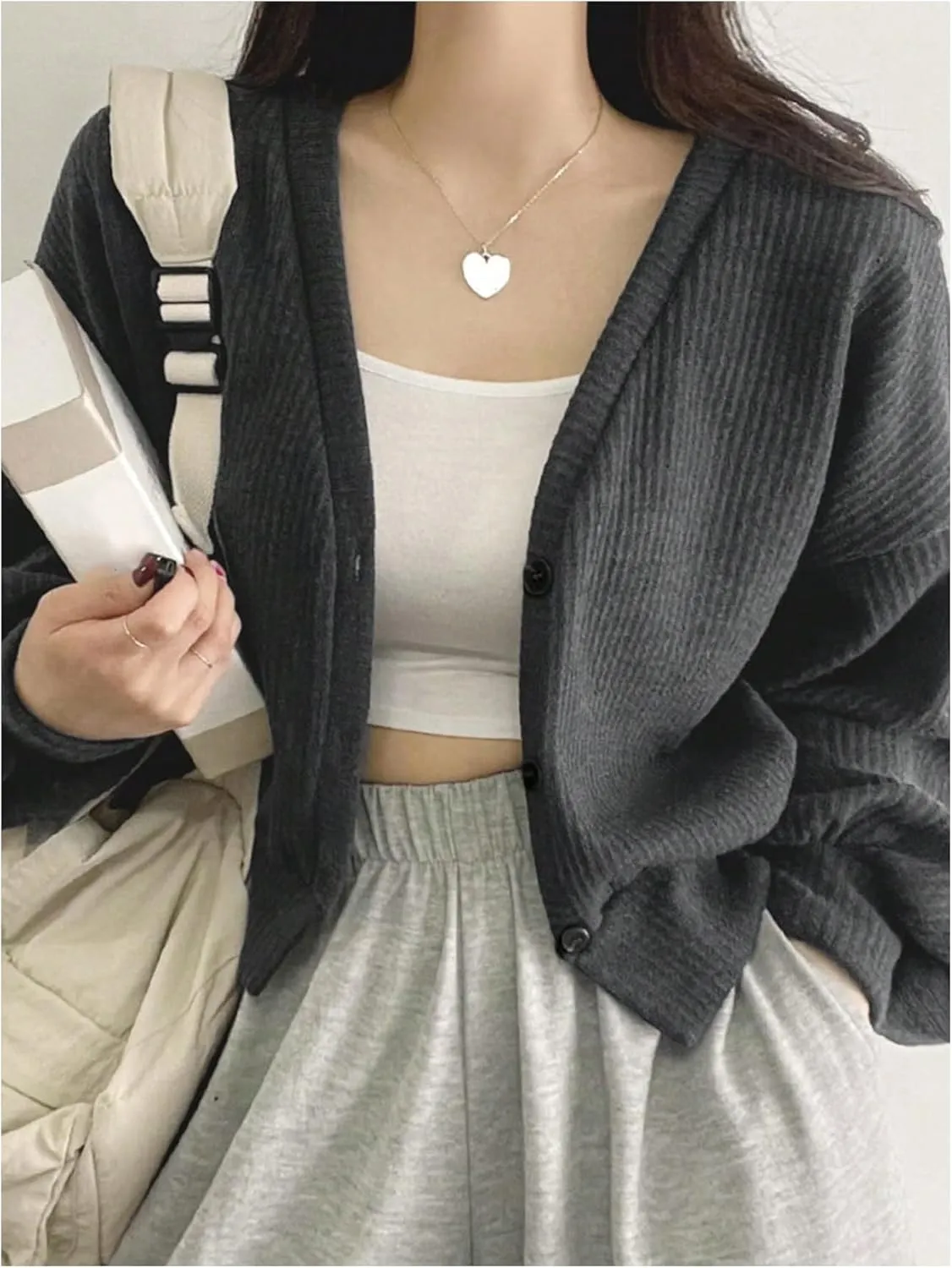 SweatyRocks Women's Button Down Crop Cardigan V Neck Long Sleeve Ribbed Knit Cardigan Sweater