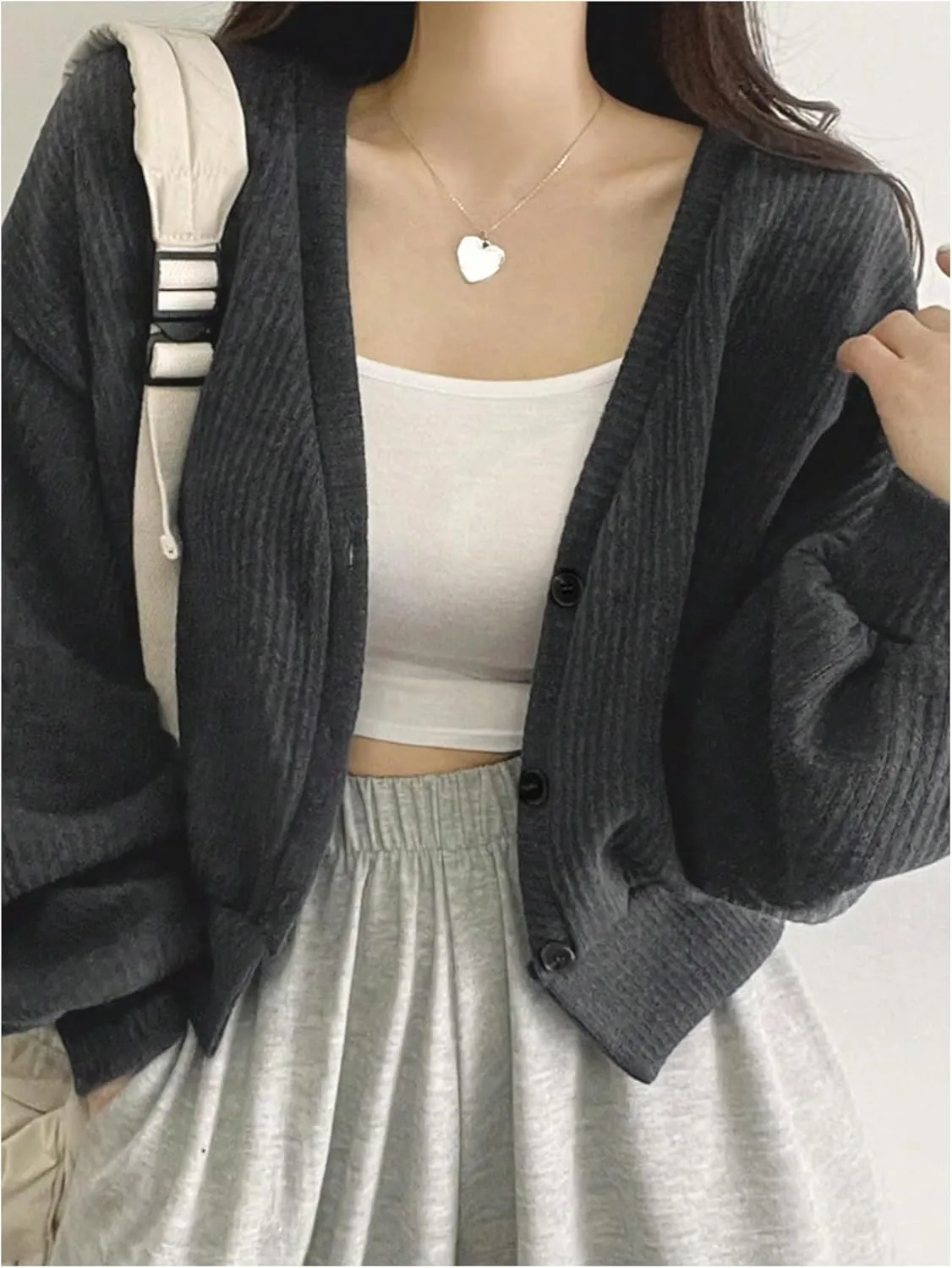 SweatyRocks Women's Button Down Crop Cardigan V Neck Long Sleeve Ribbed Knit Cardigan Sweater