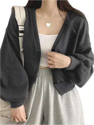 SweatyRocks Women's Button Down Crop Cardigan V Neck Long Sleeve Ribbed Knit Cardigan Sweater