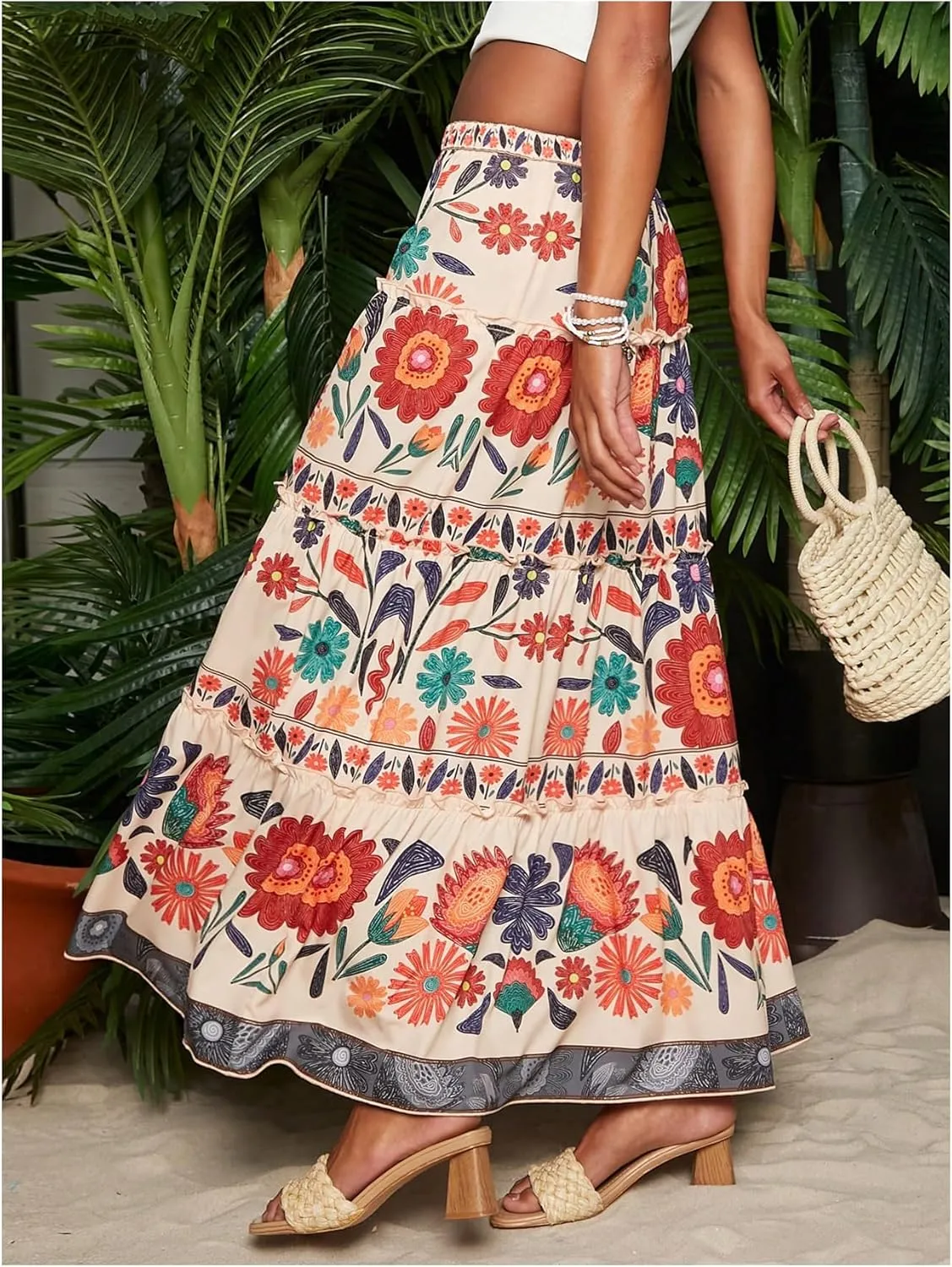 SweatyRocks Women's High Waist Floral Print Ruffle A Line Long Maxi Boho Vacation Skirt