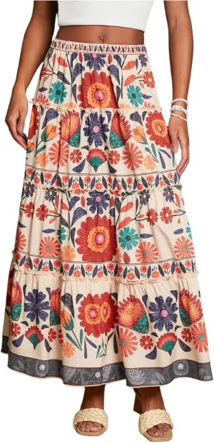 SweatyRocks Women's High Waist Floral Print Ruffle A Line Long Maxi Boho Vacation Skirt