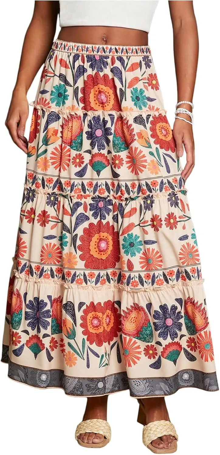 SweatyRocks Women's High Waist Floral Print Ruffle A Line Long Maxi Boho Vacation Skirt