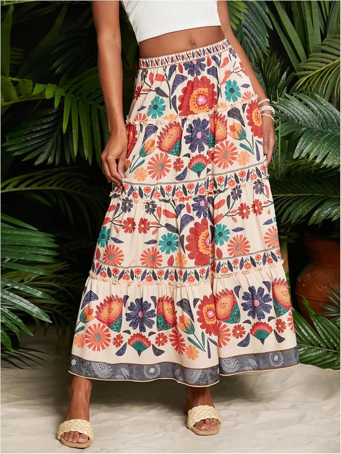 SweatyRocks Women's High Waist Floral Print Ruffle A Line Long Maxi Boho Vacation Skirt