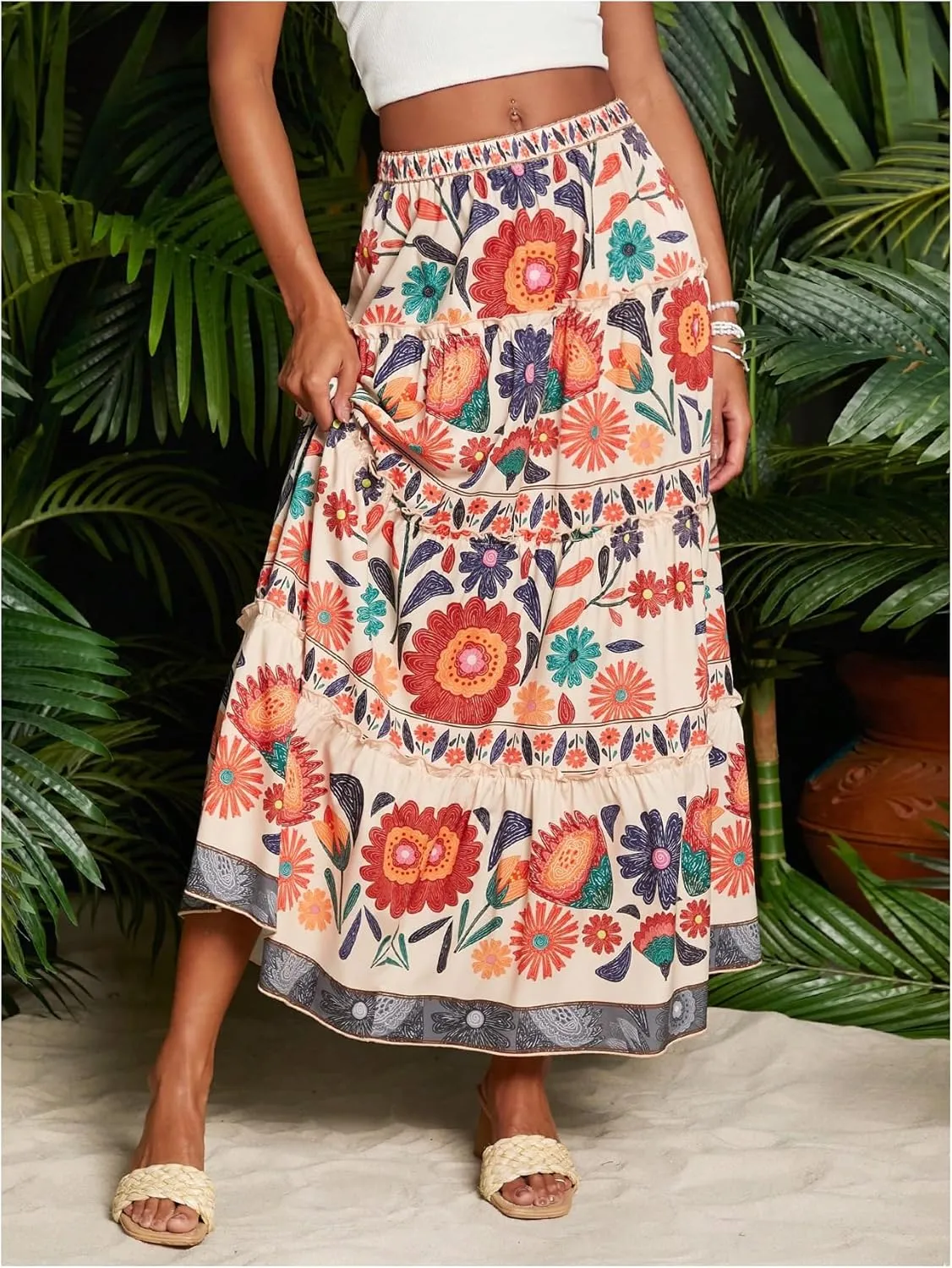 SweatyRocks Women's High Waist Floral Print Ruffle A Line Long Maxi Boho Vacation Skirt
