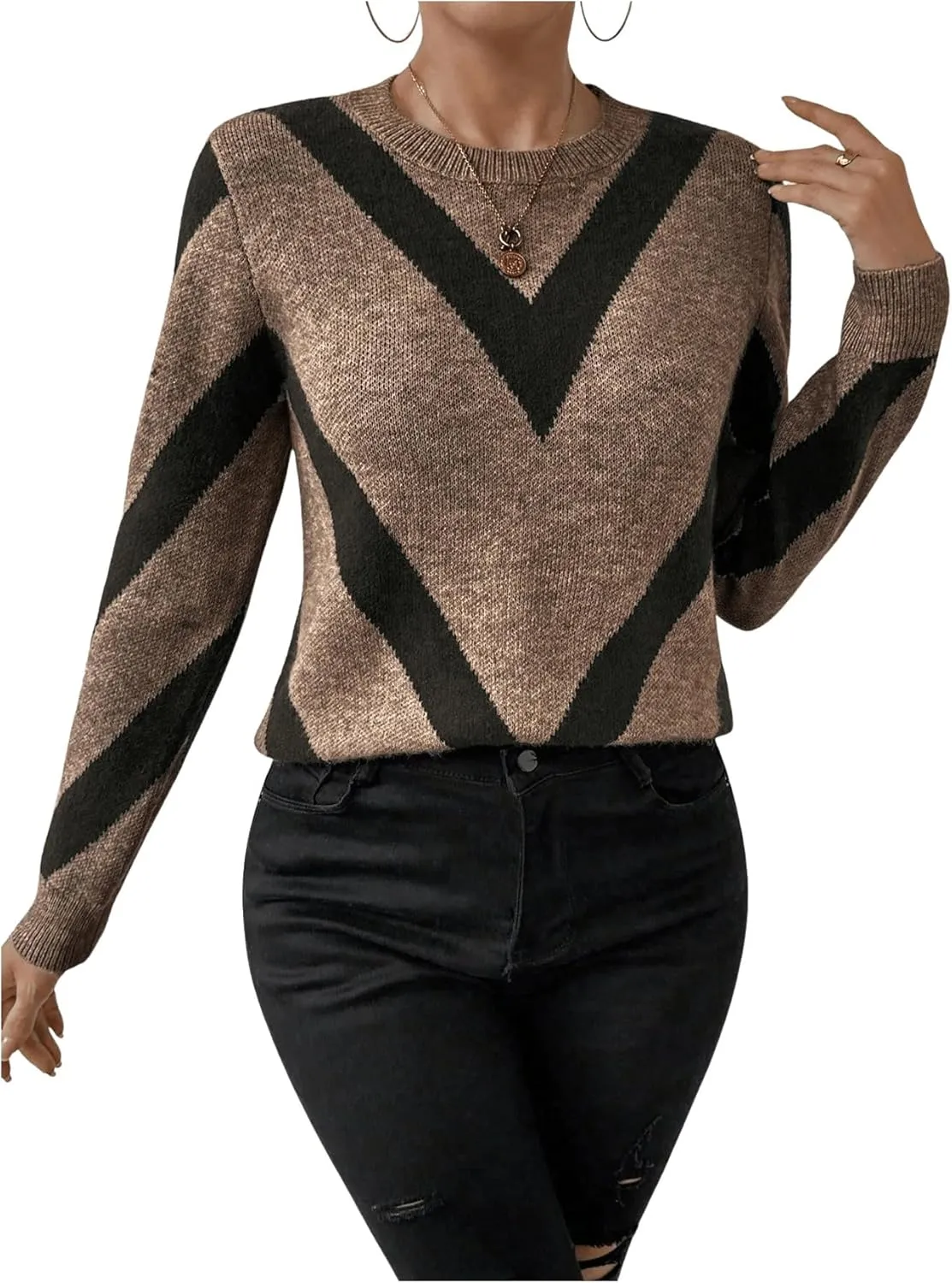 SweatyRocks Women's Patterned Fuzzy Knit Business Sweater Long Sleeve Chunky Loose Fit Pullover Top