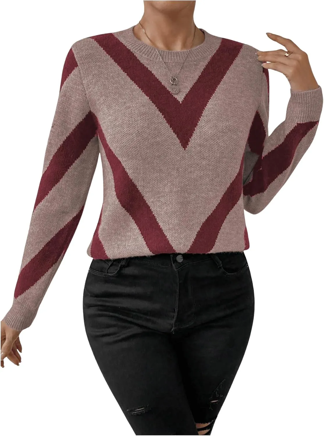 SweatyRocks Women's Patterned Fuzzy Knit Business Sweater Long Sleeve Chunky Loose Fit Pullover Top
