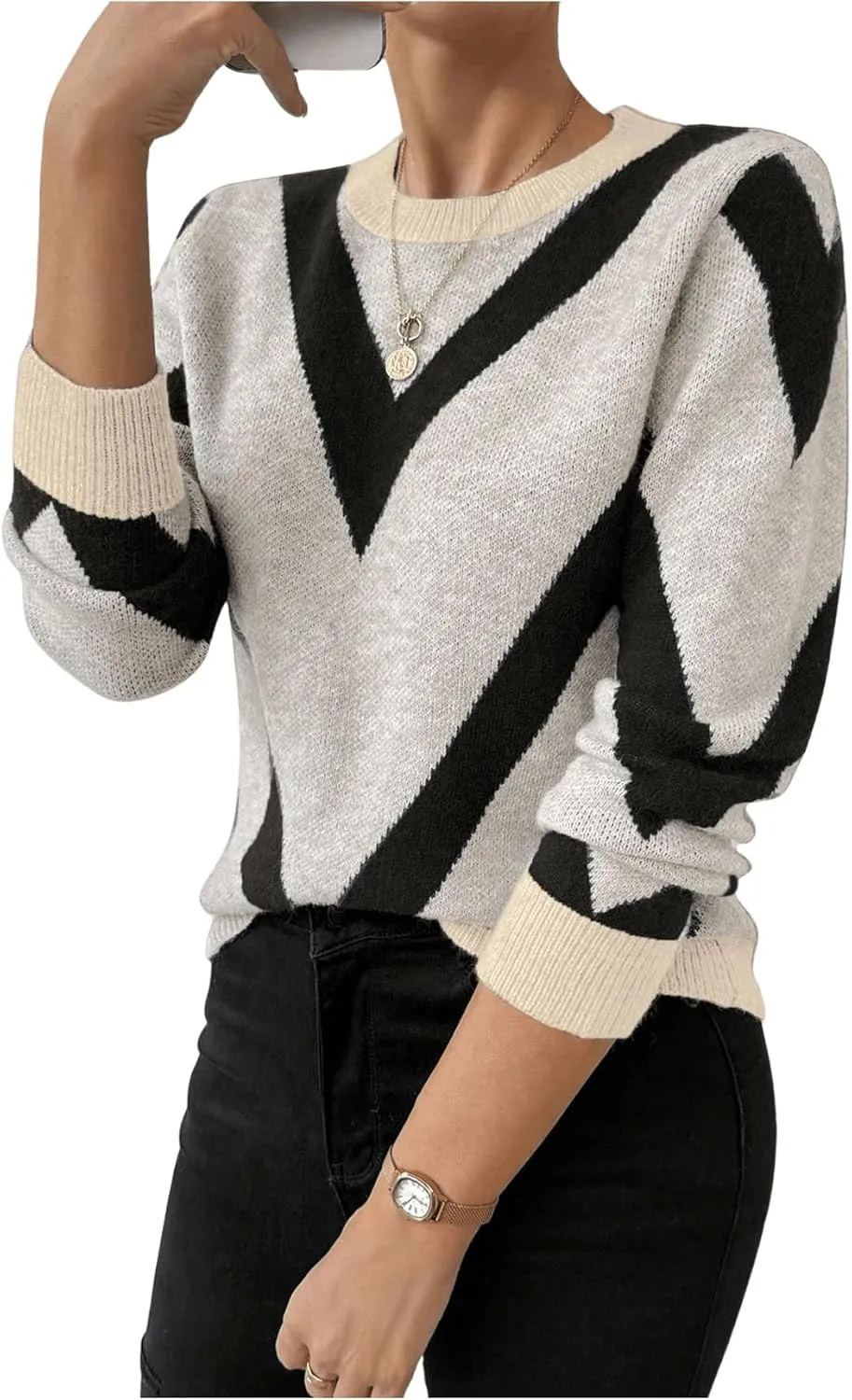 SweatyRocks Women's Patterned Fuzzy Knit Business Sweater Long Sleeve Chunky Loose Fit Pullover Top