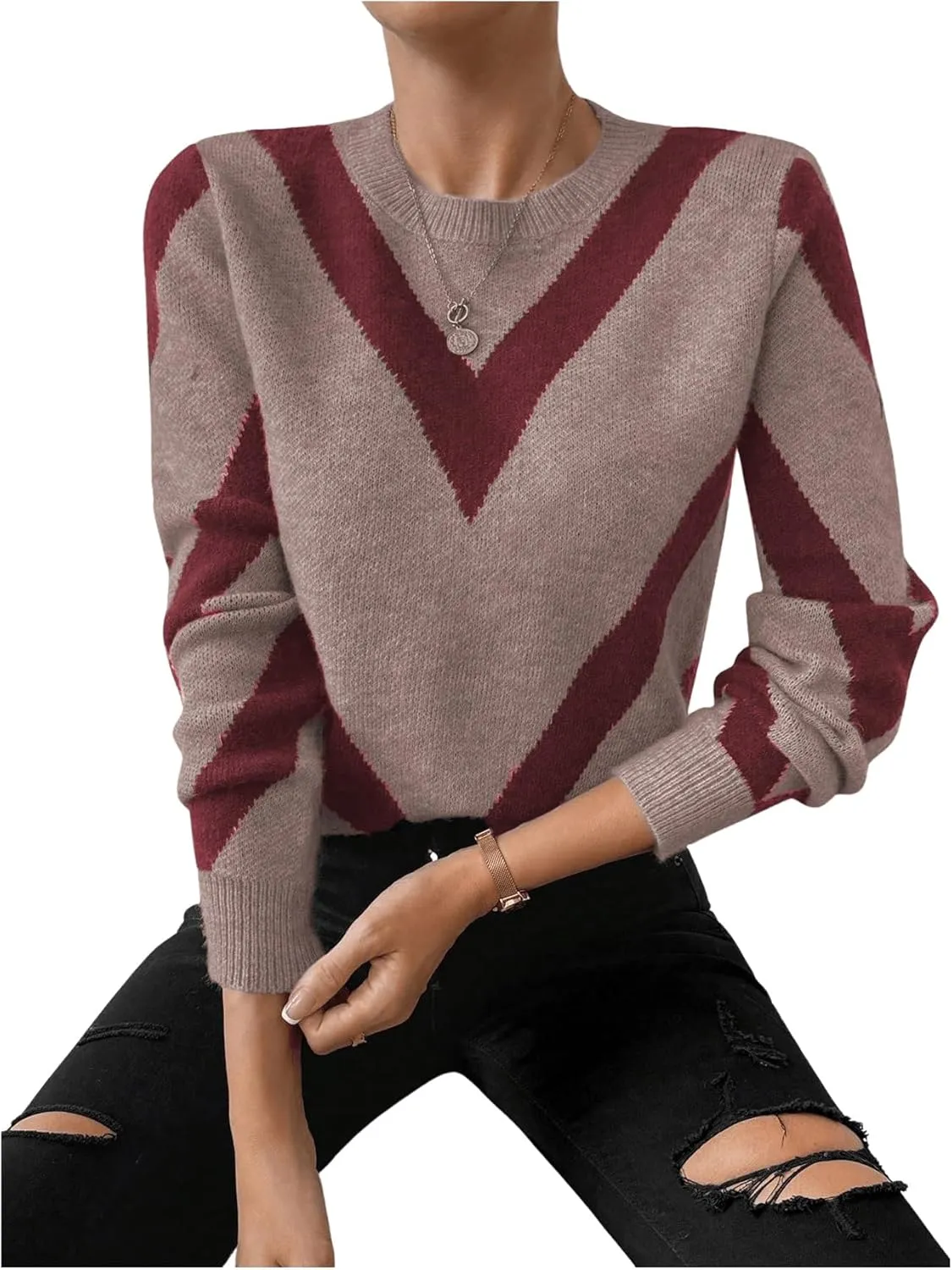 SweatyRocks Women's Patterned Fuzzy Knit Business Sweater Long Sleeve Chunky Loose Fit Pullover Top