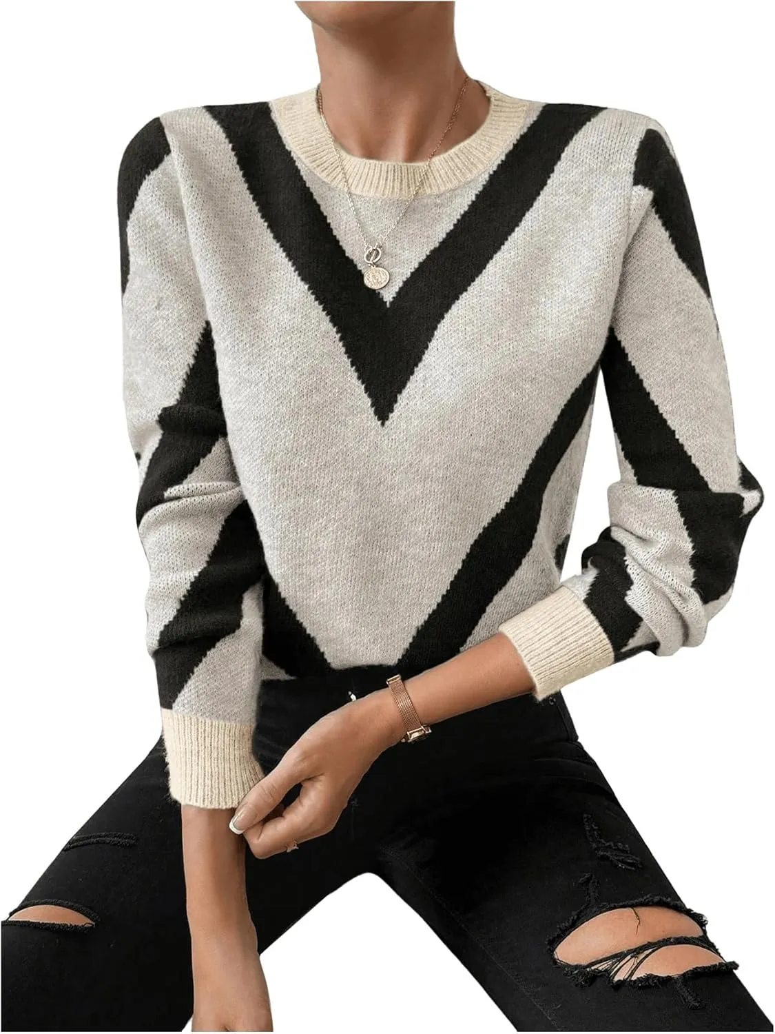 SweatyRocks Women's Patterned Fuzzy Knit Business Sweater Long Sleeve Chunky Loose Fit Pullover Top