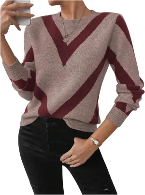 SweatyRocks Women's Patterned Fuzzy Knit Business Sweater Long Sleeve Chunky Loose Fit Pullover Top